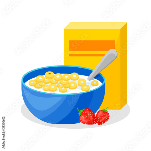 Flakes with milk. Breakfast. Icon in cartoon style. Isolated object.