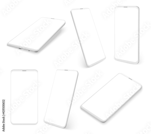 Smartphone. Realistic devices. View from different angles on 3D phones. Modern mobiles set. Frameless white screens with copy space. Cellphone advertising presentation. Vector gadgets