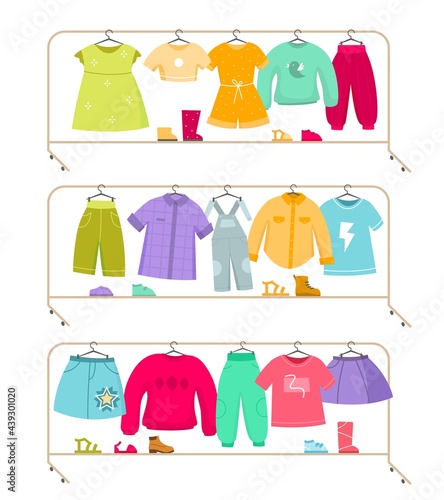 Clothes racks. Wardrobe stands with kids apparel. Isolated simple furniture set for storage and showing clothing. Hangers with childish outfits. Vector fashion garments organization