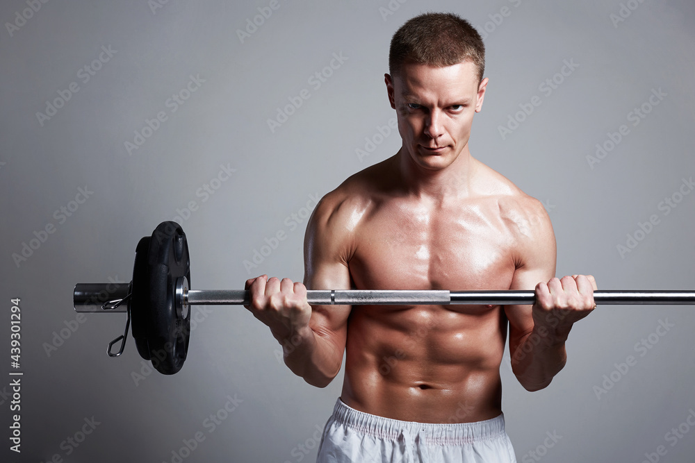 barbell bodybuilder. Naked body muscular Man barbell bodybuilder. Naked body muscular Man