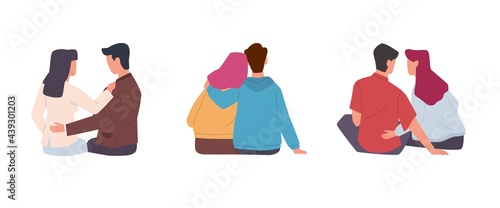 Couple back view. Men and women pairs sitting together, romantic relationships, holding hands on date, valentines or wedding card design objects, characters in love. Vector isolated on white set