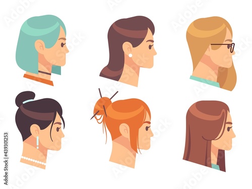 Female head profile. Cartoon woman portraits. Girls with different hairstyles and accessories. Haircuts template for hairdressing salon. Social media network avatars. Vector faces set