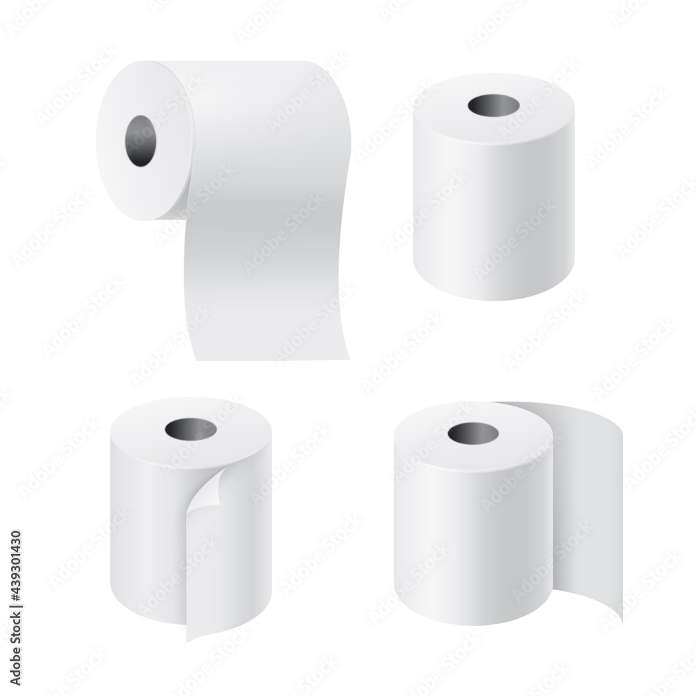 Realistic rolls paper. 3D toilet tissues with unwound pieces. Hygiene toiletry products set. Blank reels of check tapes. Vector view from different sides on wipe napkins for bathroom Realistic rolls paper. 3D toilet tissues with unwound pieces. Hygiene toiletry products set. Blank reels of check tapes. Vector view from different sides on wipe napkins for bathroom