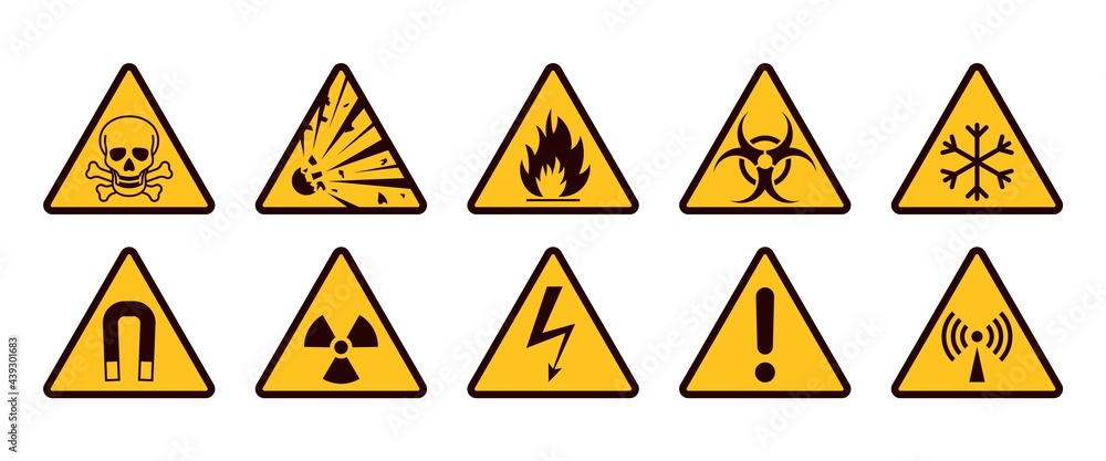 Warning signs. Realistic caution icons. Yellow and black stickers set. Danger of radiation or electricity. Flammable or toxic material. Vector symbols with exclamation mark and skull - obrazy, fototapety, plakaty 