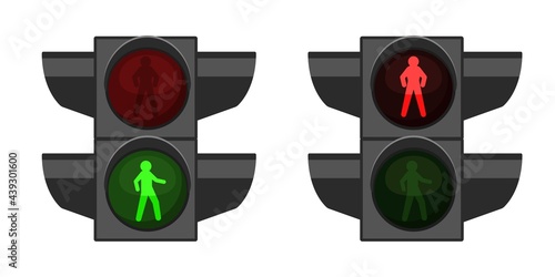 Pedestrian traffic light. Realistic crosswalk regulation equipment. Road crossing. 3D street device semaphores with red and green lamps. Safety walking intersection. Vector stoplights
