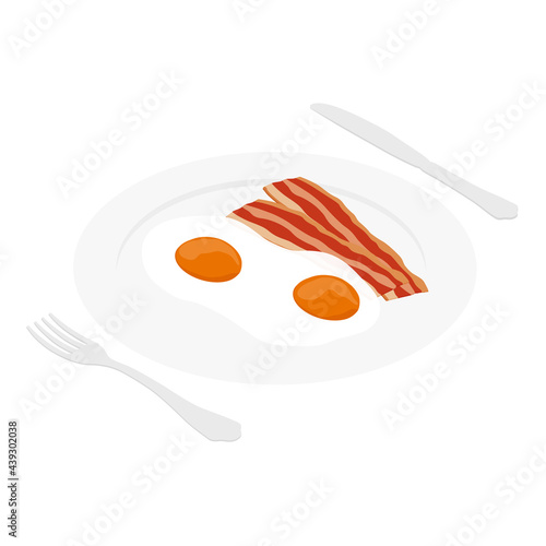 Fried eggs and bacon on plate, with fork and knife. Breakfest