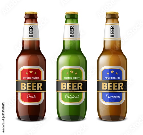 Realistic beer bottle. Glass 3D drinks containers. Refreshment brewery products template. Isolated flasks with labels. Vector different colors packaging set for alcoholic beverages