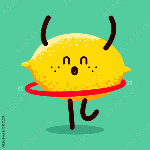 Cute lemon doing fitness exercises with hula hoop vector cartoon character isolated on background.