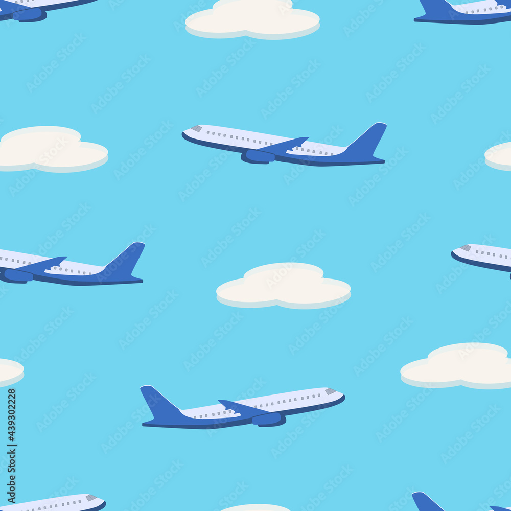 Obraz premium Seamless Pattern Passenger plane in flight on the background of the sky with clouds. Vector illustration of an airplane.