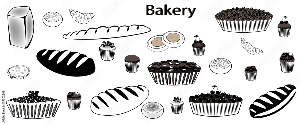 Set of Bread, loaf, baguette, chocolate cake and brownies, cherry pie, pie with currants, buns with cheese and with poppy, sesame. Cakes with berries. Vector illustration Set of Bread, loaf, baguette, chocolate cake and brownies, cherry pie, pie with currants, buns with cheese and with poppy, sesame. Cakes with berries. Vector illustration