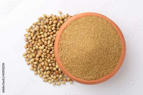 coriander powder with coriander seeds photo