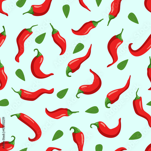 Seamless pattern of red hot chili peppers and green leaves. Vector illustration.
