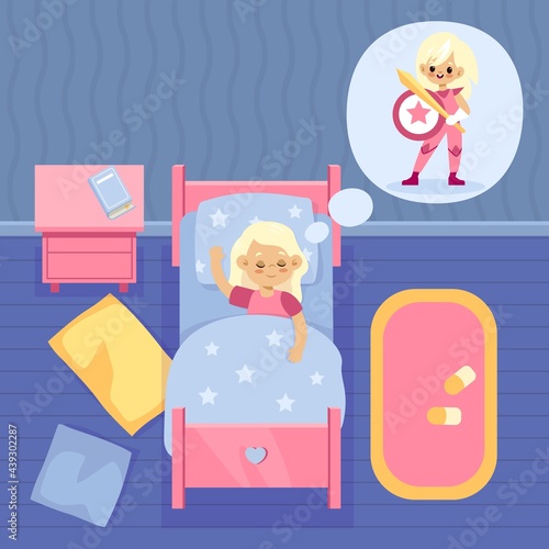Girls dream. Cartoon kid sleeps and dreaming of superheroes. Child wants to be hero with sword and shield. Character resting in bed home. Vector girl dozes and imagines herself as heroine