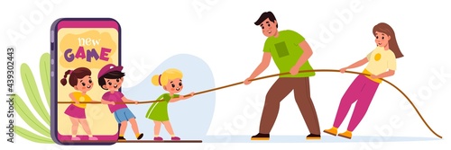 Kids mobile use limit. Parental control of Internet access for boys and girls. Children and parents pull rope in different directions. Smartphone addiction prevention. Vector limitation