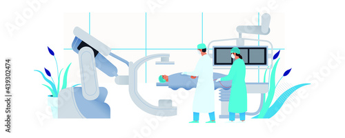 Coronary Angiography Procedure. Medical Equipment. Doctor and Nurse Do Cardiac Catheterization on Patient in Laboratory. Modern Flat Vector Illustration.  photo