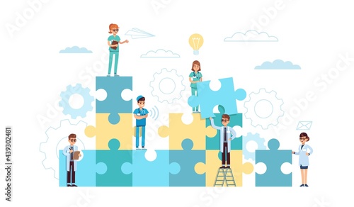 Medical solution. Cartoon doctors searching ways to treat diseases. Physicians of different specialties and puzzle. Hospital employees work together for solving problems. Vector teamwork