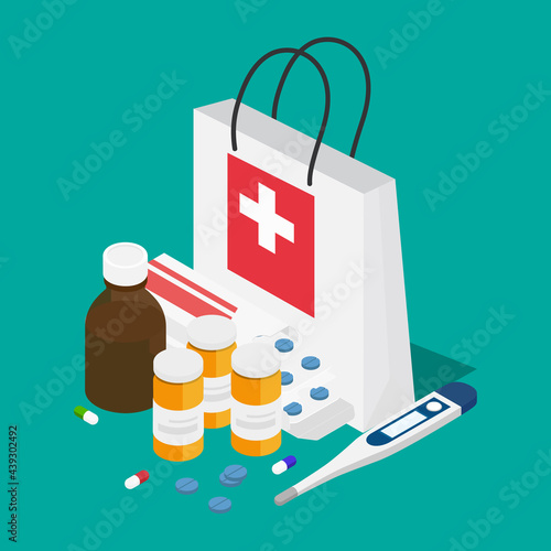 Pills, capsules blisters, glass bottles with liquid medicine & plastic tubes with caps. Drug medication & supplements collection.