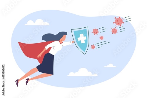 Virus protection. Superhero flying and holding shield to protect against pathogens. Doctor fight with viral molecules attacks. Contagious diseases prevention. Vector illness treatment