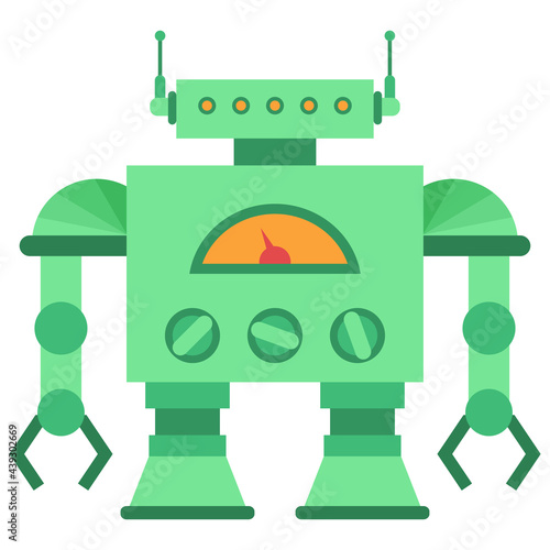Cute green robot toy vector cartoon character isolated on background.