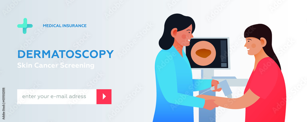 Dermatoscopy. Skin Cancer Screening. Medical Equipment. Medical Specialist Screening Female Patient on Birthmarks in Laboratory. Modern Flat Vector Illustration. Website Banner. Social Media Template. Dermatoscopy. Skin Cancer Screening. Medical Equipment. Medical Specialist Screening Female Patient on Birthmarks in Laboratory. Modern Flat Vector Illustration. Website Banner. Social Media Template.
