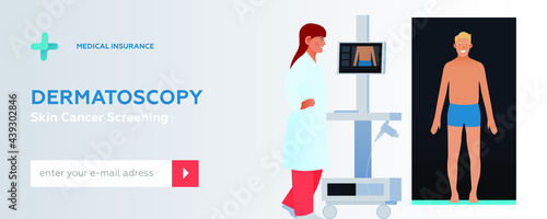 Dermatoscopy. Skin Cancer Screening. Medical Equipment. Medical Specialist Screening Patient on Birthmarks in Laboratory. Modern Flat Vector Illustration. Website Banner. Social Media Template.