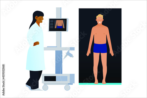 Dermatoscopy. Skin Cancer Screening. Medical Equipment. Afro American Female Medical Specialist Screening Male Patient on Birthmarks in Laboratory. Modern Flat Vector Illustration.