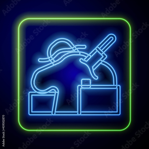 Glowing neon Murder icon isolated on blue background. Body, bleeding, corpse, bleeding icon. Concept of crime scene. Vector