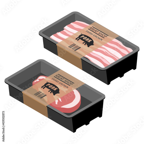 Fresh raw bacon slices and pork meat in package isolated on white background