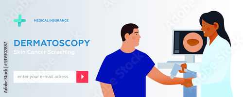 Dermatoscopy. Skin Cancer Screening. Medical Equipment. Medical Specialist Screening Male Patient on Birthmarks in Laboratory. Modern Flat Vector Illustration. Website Banner. Social Media Template.