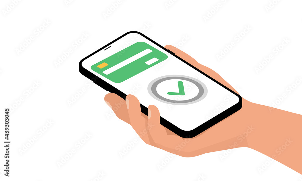 Hand holding smartphone with online payment system in a flat design Hand holding smartphone with online payment system in a flat design