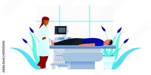 Ultrasonography Procedure. Standing Female Doctor and Male Patient with Scanner in Medical Office or Laboratory. Medical Equipment. Modern Flat Vector Concept Illustration. 