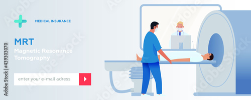 Magnetic Resonance Tomography. MRI procedure. Patient in the Scanner, Nurse, Medical Specialist in Laboratory. Medical Equipment. Modern Flat Vector Illustration. Website Banner. Social Media Template