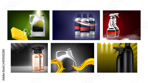 Car Products Creative Promotion Posters Set Vector. Engine Oil And Shampoo, Liquid Wax And Glass Cleaner Blank Bottles And Packages Products On Advertise Banners. Style Concept Template Illustrations