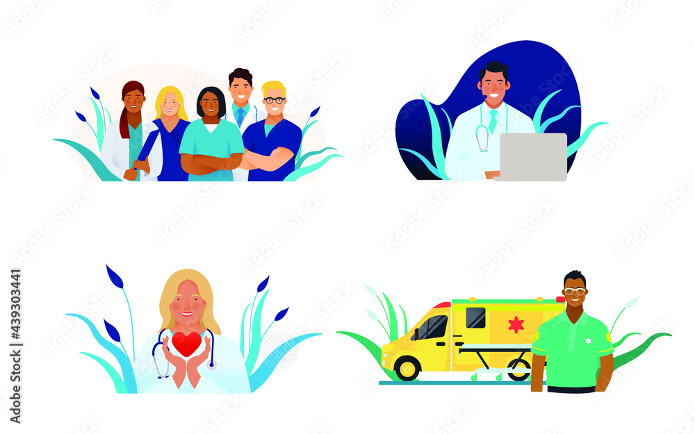Set of Modern Flat Medical Insurance Illustrations. Medical Team, Medical Specialist Hold Red Heart, Call Center, Ambulance Transport. Set of Modern Flat Medical Insurance Illustrations. Medical Team, Medical Specialist Hold Red Heart, Call Center, Ambulance Transport.