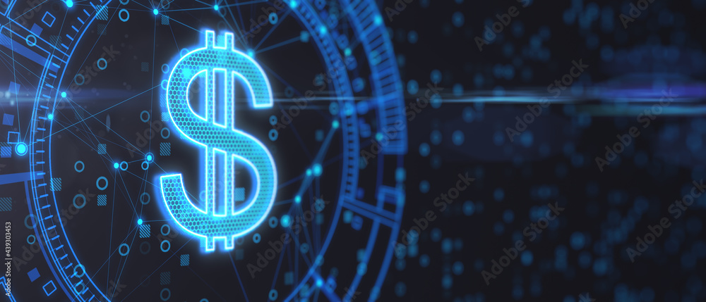 Dark digital backdrop with copyspace and blue glowing dollar icon, financial and currency concept. 3D rendering, mockup Dark digital backdrop with copyspace and blue glowing dollar icon, financial and currency concept. 3D rendering, mockup