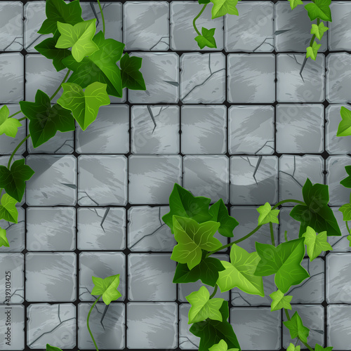 Stone floor pavement seamless pattern, square rock tile sidewalk texture, brick wall vector background. Green ivy leaves, climber, liana, cracked old flagstone blocks. Nature walkway stone pavement