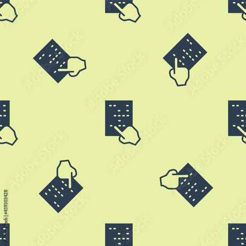 Blue Braille icon isolated seamless pattern on yellow background. Finger drives on points. Writing signs system for blind or visually impaired people. Vector