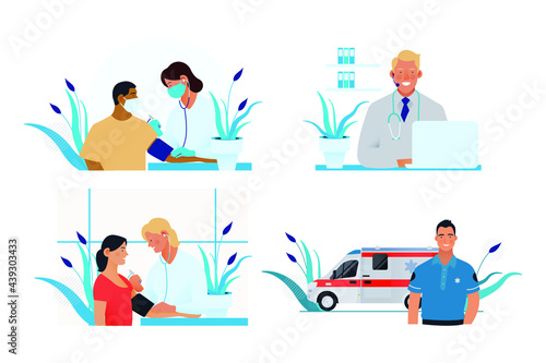 Set of Modern Flat Medical Insurance Illustrations. Blood Pressure Procedure, Call Center, Ambulance Transport.