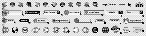 Set of www, globe and search bar elements. Globe with cursor icons, browser bar, WWW, mouse cursir, search. Vector illustration.