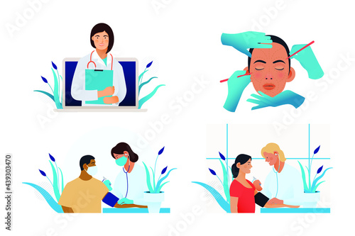 Set of Modern Flat Medical Insurance Illustrations. Medical Appointment, Cosmetic Surgery, Blood Pressure Procedure.