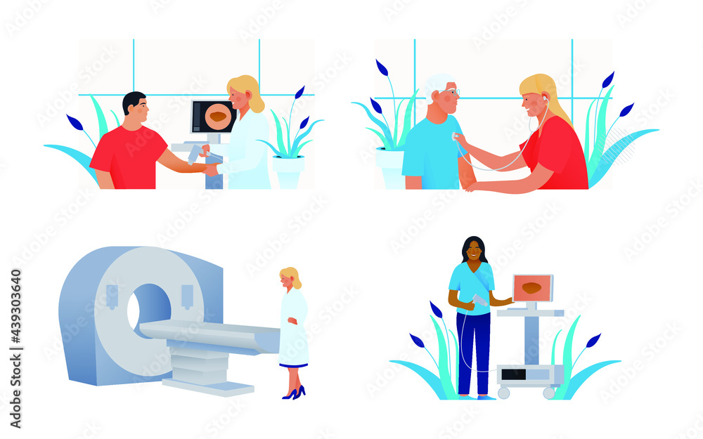 Set of Modern Flat Medical Insurance Illustrations. MRI Procedure, Dermatoscopy, Skin Cancer Screening, Cardiac Auscultation  in Medical Office.