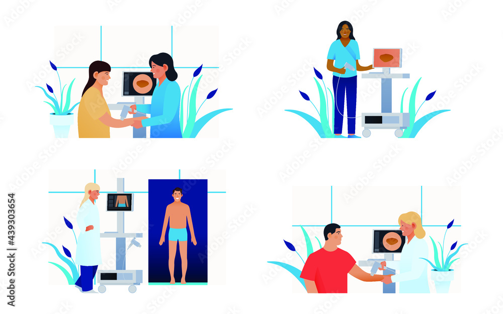Set of Modern Flat Medical Insurance Illustrations. Dermatoscopy, Skin Cancer Screening in Medical Office.