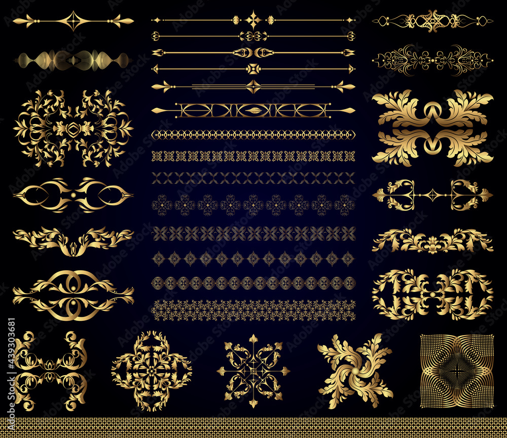 Fototapeta Set of gold elements decor of holidays and weddings, vector illustrations decoration of books, magazines and backgrounds