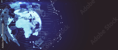 Digitalization concept with digital world map layout surrounded by glowing dots and lines at abstract blank dark background. 3D rendering, mock up photo