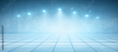 Fototapeta Naklejka Na Ścianę i Meble -  Blank light squared floor in a spacious hall for performance or car presentation illuminated from spotlights on top. 3D rendering, mock up