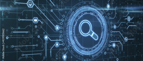 Perspective view on digital glowing magnifier in technological circle surrounded by microcircuit lines, global search concept