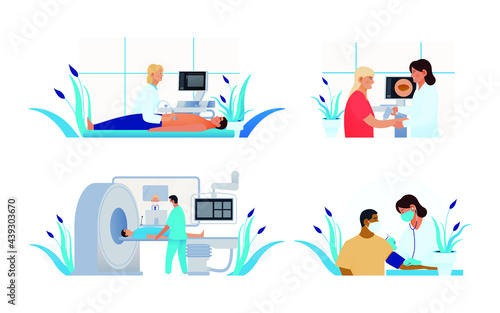 Set of Modern Flat Medical Insurance Illustrations. Ultrasonography Procedure, Blood Pressure Test, Coronary Angiography Procedure, Dermatoscopy in Medical Office.
