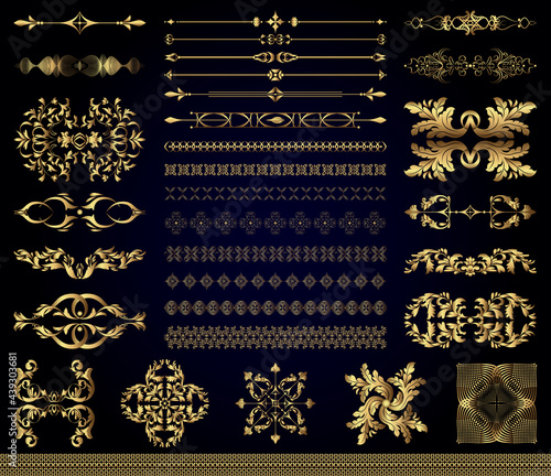 Set of gold elements decor of holidays and weddings, vector illustrations decoration of books, magazines and backgrounds