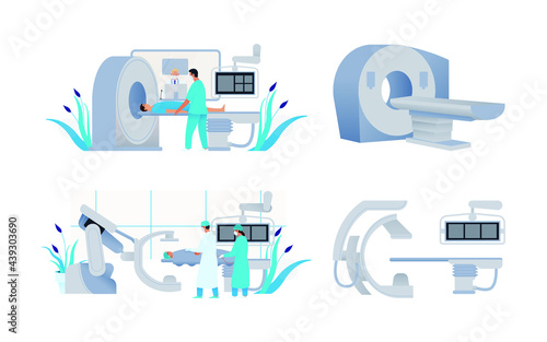 Set of Modern Flat Medical Insurance Illustrations. Coronary Angiography Procedure, MRI Procedure, Medical Equipment in Medical Office.