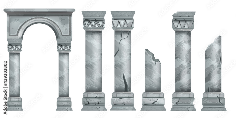 Roman marble pillars set, ancient vector Greek stone broken columns